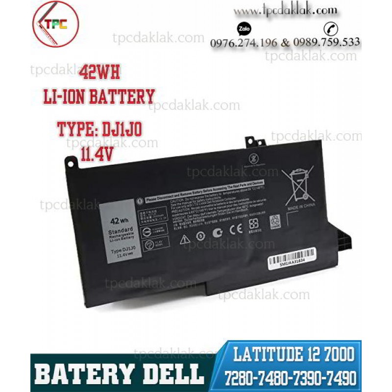 Battery Laptop Dell Latitude 7280 7480 7380 7290 7390 7490 DJ1J0 09W9MX, DM3WC, F3YGT 11.4V 42Wh Li-ion